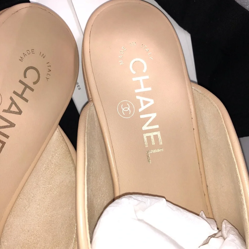 Chanel Beige Leather Pearl-Trim Loafer Mules Size 38